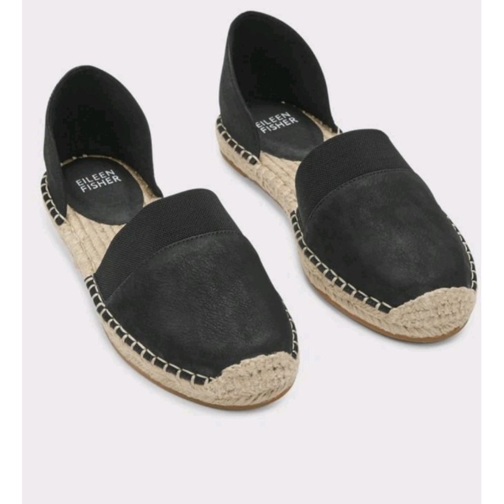 EILEEN FISHER 9.5 Lady Tumbled Nubuck Espadrille Flats Black $135